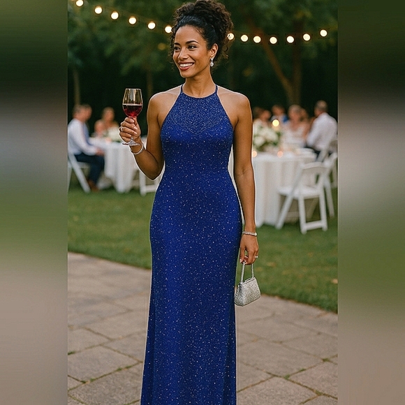 Vintage XL Sexy Sequin Sparkling Formal Silk Elegant Ball Gown Midnight Blue - Picture 1 of 7